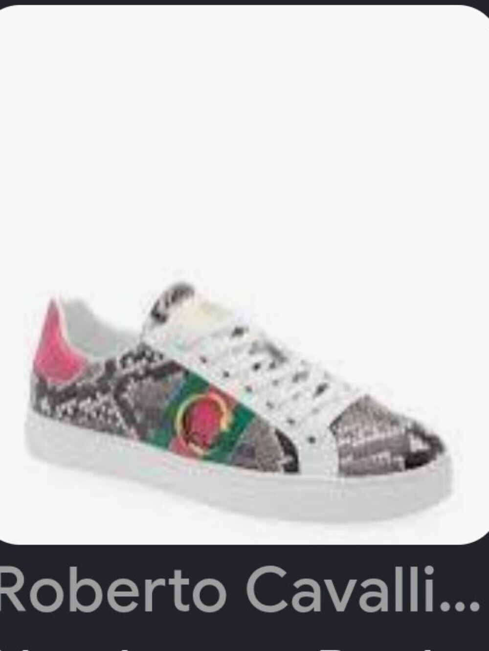Cavalli Class  Snakeskin-Print Low-Top Sneakers with Pink Heel and Green Stripe